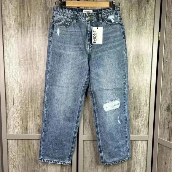 Anthropologie Evidnt Jeans 25 Mailby Girlfriend Blue Distressed Straight - Picture 1 of 10